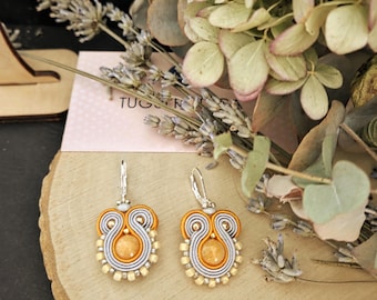 Tiny Soutache Earrings – Orange Grey Beaded Dangle Jewelry