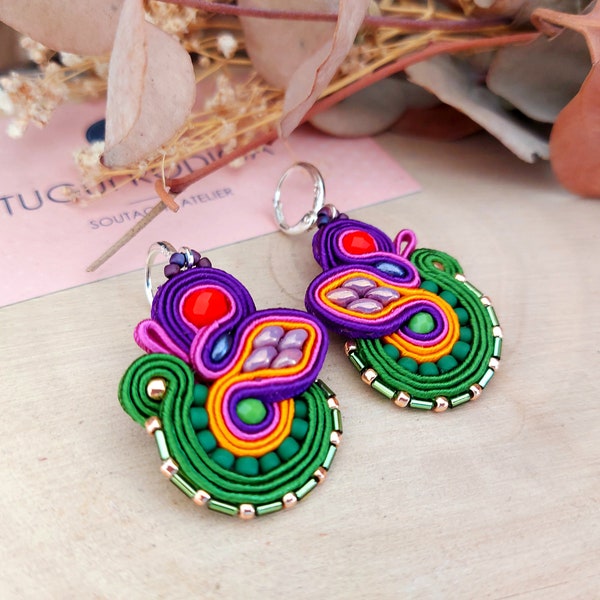 Colorful fuchsia flowers beaded earrings, boho summer earrings, soutache dangle earrings, birthday gift for her, birthday present for wife