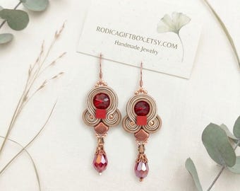Soutache Dangle Earrings, Handmade Red Crystal Earrings, Boho Chic Drop Earrings, Unique Jewelry Gift for Her, Christmas Gift for Women