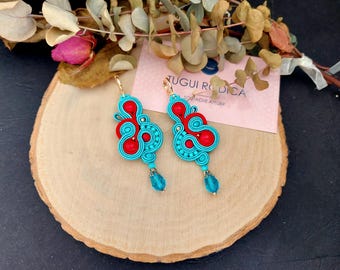 Turquoise Soutache Earrings: Red Bead Dangle, Ethnic Style