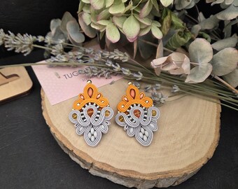 Soutache Dangle Earrings, Orange Grey Boho Statement Jewelry, summer jewelry for her