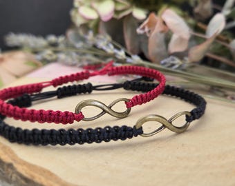 Infinity Couples Macrame Bracelets – Matching Set for Two, Bronze Charm, Adjustable Cord (Burgundy, Black)