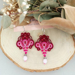 Burgundy bohemian chandeliers, pink soutache earrings, anniversary present for wife, Bestfriend birthday gift, bridesmaid earrings