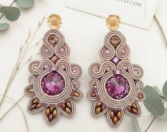 Handmade Soutache Earrings with Swarovski Crystals, Purple Floral Statement Earrings for Women, Elegant Evening & Bridesmaid Jewelry