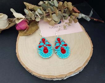 Turquoise blue Soutache Earrings: Red Bead Dangle, summer jewelry