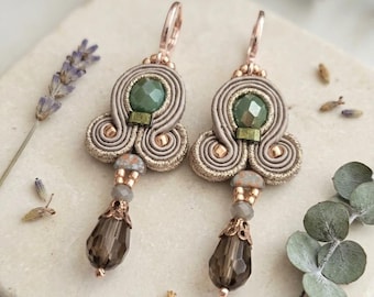 Soutache gold Drop Earrings for Women, Small Christmas Gift, Handmade beige  Dangle Earrings, Delicate Jewelry, Gift for Her