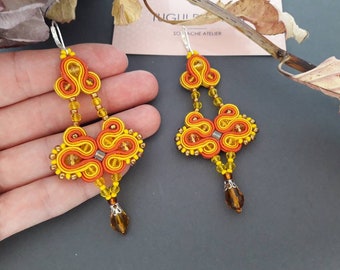 Lange orange Soutache Ohrringe, gelbe Kristalle Chandelier Ohrringe, Geburtstagsgeschenk für Schwester, beste Geschenk, bunte Sommer Ohrringe