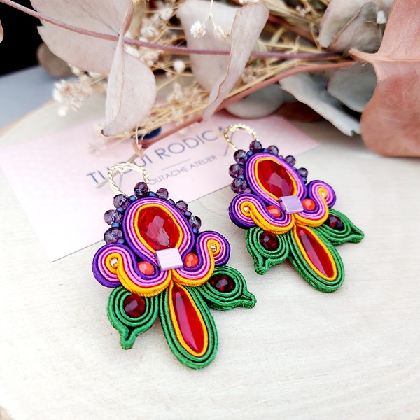 Colorful fuchsia flowers beaded earrings, boho summer earring, soutache statement earrings, birthday gift for her, birthday present for wife