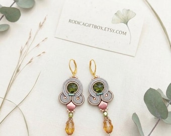 Soutache gold Drop Earrings for Women, Small Christmas Gift, Handmade beige  Dangle Earrings, Delicate Jewelry, Gift for Her
