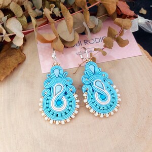 Handmade Light Blue Soutache Earrings: Beaded Dangle Jewelry