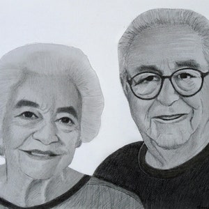 May include: Black and white pencil drawing of an older couple. The woman has short, gray hair and is wearing a dark shirt. The man has gray hair and is wearing a dark shirt. They are both smiling.