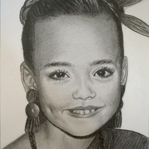 May include: A black and white pencil drawing of a young girl with a flower in her hair. She is wearing a dark top and earrings. The drawing is signed "Theresa Beth Williams".