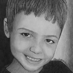 May include: Black and white pencil drawing of a young boy with short brown hair smiling. The drawing is signed "Nana Beth Miller".