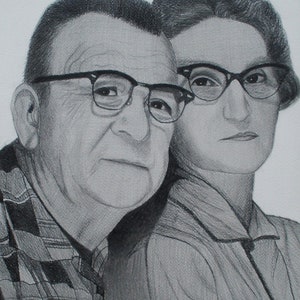 May include: Black and white pencil drawing of an older couple. The man is wearing a plaid shirt and glasses. The woman is wearing a collared shirt and glasses.