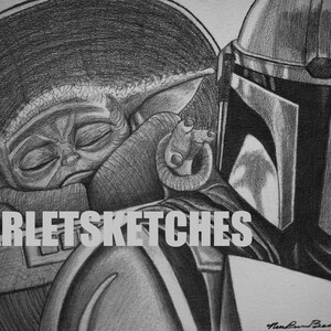 Die mandalorianische - Baby Yoda - Star Wars - Bleistiftzeichnung - Druck - Poster