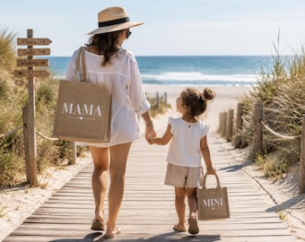 Personalized Mommy and Me Jute Tote Bag Set, Mama Mini Matching Bags, Mother Daughter Gift, Custom Burlap Tote, Baby Shower Gift