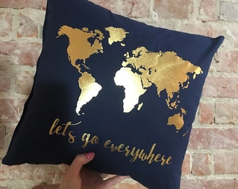 World Map Pillow, Gold Pillow, Traveler Gift, 16x16 Decorative pillow, Home decor, Throw pillow, Pillow cover, 16x16, Birthday gift idea