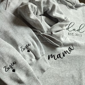 Mom Dad Embroidered Sweatshirt, Embroidered Mom Dad Est With Kids Names On Sleeve, Mom And Dad Est. Sweatshirts, First Time Mom Dad Gift