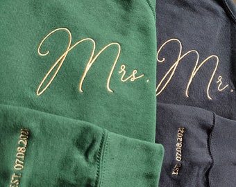 Custom Mrs and Mr Embroidered Sweatshirt, Date On Sleeve, Personalized Embroidered Wifey Hubby Sweatshirt, Matching Shirt, Engagement Gift