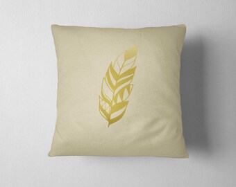 Decorative Pillow, Gold Feather, Throw pillow, Feather pillow, Home decor, Living room decoration, housewarming Gift, Metallic Pillow