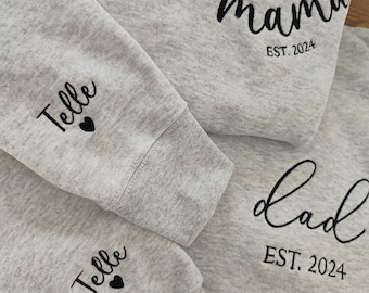 Mom Dad Embroidered Sweatshirt, Embroidered Mom Dad Est With Kids Names On Sleeve, Mom And Dad Est. Sweatshirts, First Time Mom Dad Gift