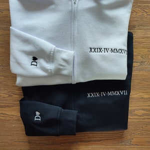 Custom Embroidered Roman Numeral Hoodie, Zip Up Hoodie, Personalized Couples Gifts, Embroidered Couples Hoodie, Anniversary Date Sweatshirt image 1