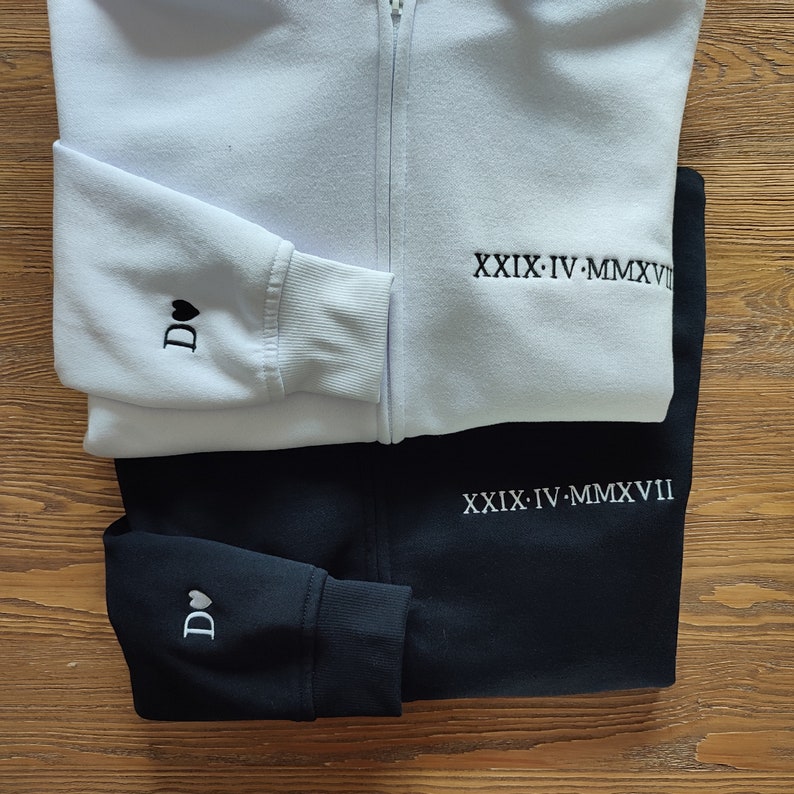 Custom Embroidered Roman Numeral Hoodie, Zip Up Hoodie, Personalized Couples Gifts, Embroidered Couples Hoodie, Anniversary Date Sweatshirt image 1