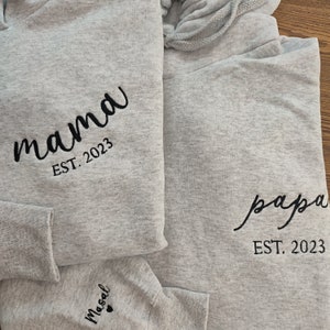 Mama Papa Embroidered Sweatshirt, Embroidered Mom Dad Est With Kids Names On Sleeve, Mom And Dad Est. Sweatshirts, First Time Mom Dad Gift