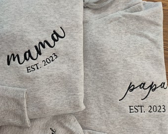 Mama Papa Embroidered Sweatshirt, Embroidered Mom Dad Est With Kids Names On Sleeve, Mom And Dad Est. Sweatshirts, First Time Mom Dad Gift