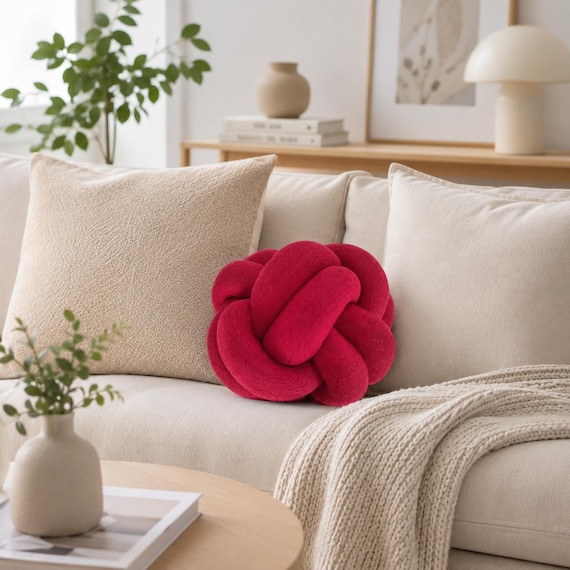 Roter Strick Knotenkissen Dekokissen Knoten Kissen Moderne Wohndeko Sofakissen Wohnzimmer Schlafzimmer Design Geschenk Idee