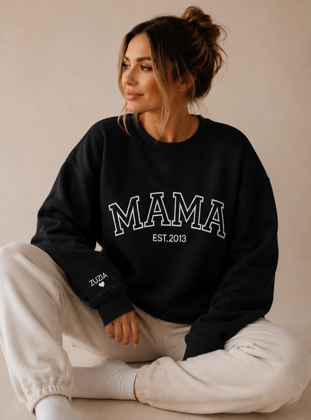 Personalized Mama Sweatshirt, Puff Print Mom Crewneck, Custom Sleeve…