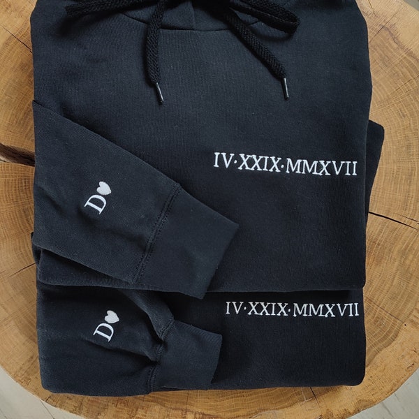 Custom Embroidered Roman Numeral Hoodie, Personalized Couples Gifts, Embroidered Couples Hoodie, Anniversary Date Couples Sweatshirt