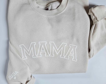 Personalized Mama Sweatshirt with Kid Names on Sleeve, Embossed Mama SweatShirt, New Mom Gift, Mama Sweatshirt, Mothers Day Gift