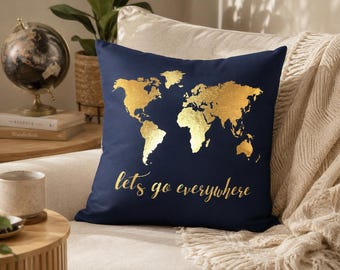 Kompasskissen mit Goldfoliendruck, Reisedeko für Fernweh-Fans, Geschenk für Entdecker, Abenteuerkissen, Navigationskissen, moderne Wohnaccessoires