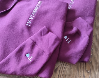 Aangepaste datum en initiële hoodie, gepersonaliseerde geborduurde hoodie met Romeinse cijfers, jubileumcadeau, op maat geborduurde paar hoodie