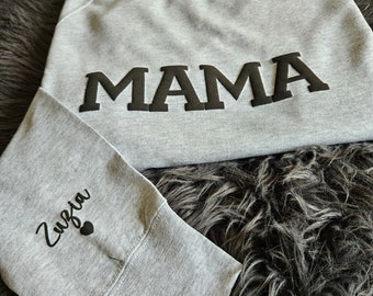 Personalized Mama Sweatshirt with Kid Names on Sleeve, Embossed Mama SweatShirt, New Mom Gift, Mama Sweatshirt, Mommy Shirt