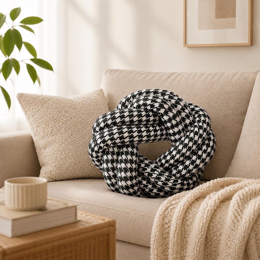 Black and White Houndstooth Knot Pillow for Sofa, Decorative Knot