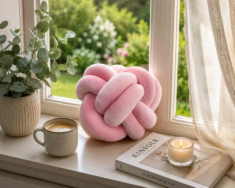 Rosa Knotenkissen Knoten Kissen Dekokissen Modernes Design Sofakissen Wohnzimmer Deko Minimalistisches Kissen Geschenkidee Bild 1