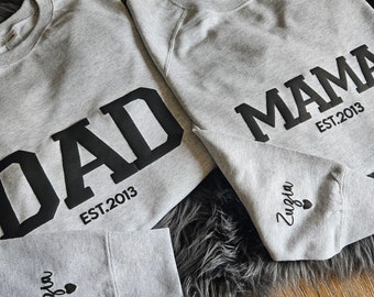 Mom Dad Embossed Sweatshirt, Embossed Mom Dad Sweater, Mom Dad Est With Kids Names On Sleeve, Mom And Dad Est. Sweatshirts, Mama Dad Sweater