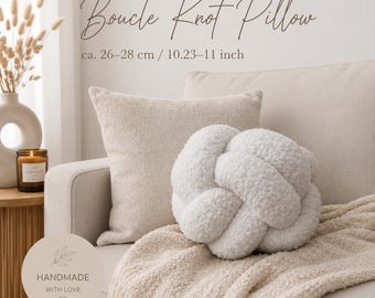 White Boucle Knot Pillow, Scandinavian Cushion, Japandi Throw