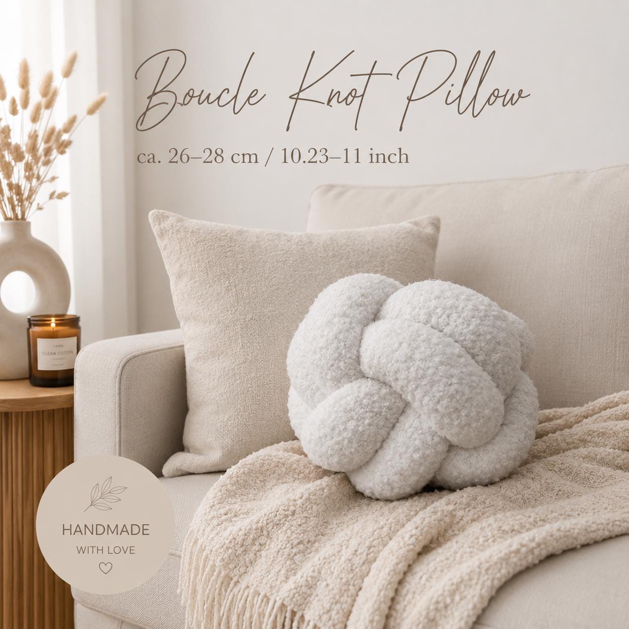 White Boucle Knot Pillow, Scandinavian Cushion, Japandi Throw