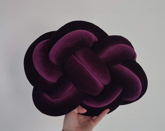 Oreiller à nœuds, oreiller bretzel, oreillers à nœuds modernes, oreiller à nœuds en velours violet foncé, coussin à nœuds, oreiller en velours prune foncée, coussin décoratif