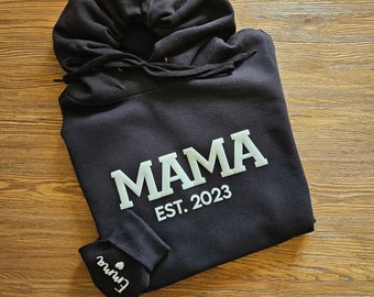 Personalized Mama Sweatshirt with Kid Names on Sleeve, Embossed Mama Hoodie, New Mom Gift, Mama Sweatshirt, Mama EST Crewneck, Mommy Shirt