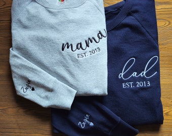 Mom Dad Embroidered Sweatshirt, Embroidered Mom Dad Est With Kids Names On Sleeve, Mom And Dad Est. Sweatshirts, First Time Mom Dad Gift