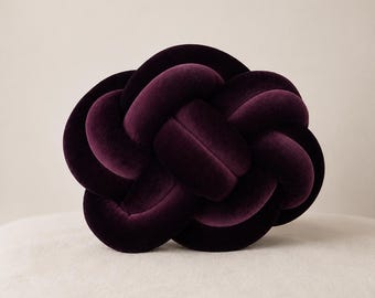Dark Plum Velvet Knot Pillow, Decorative Cushion, Modern Sofa Decor, Bedroom Accent Pillow, Designer Home Decor, Gift Idea