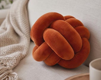 Terracotta Rust Orange Knot Pillow, Burnt Orange Decorative Cushion, Velvet Sofa Pillow, Modern Minimalist Decor
