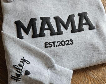 Personalized Mama Sweatshirt with Kid Names on Sleeve, Embossed Mama Hoodie, New Mom Gift, Mama Sweatshirt, Mama EST Crewneck, Mommy Shirt