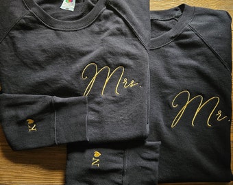 Custom Mrs and Mr Embroidered Sweatshirt with Initials on Sleeve, Personalized Embroidered Wifey Hubby Sweatshirt, Matching Shirt