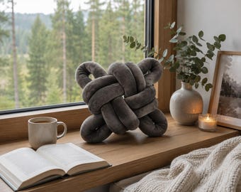 Khakifarbenes Knotenkissen, großes Dekokissen mit Knotenmuster, skandinavisches Kissen, moderne Wohndekoration, handgefertigtes Einzugsgeschenk