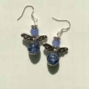 Earrings, Beautiful Angel Earrings with Blue Cracked Glass Bead, Sterling Silver Ear Hooks and Czech Crystal Spacers